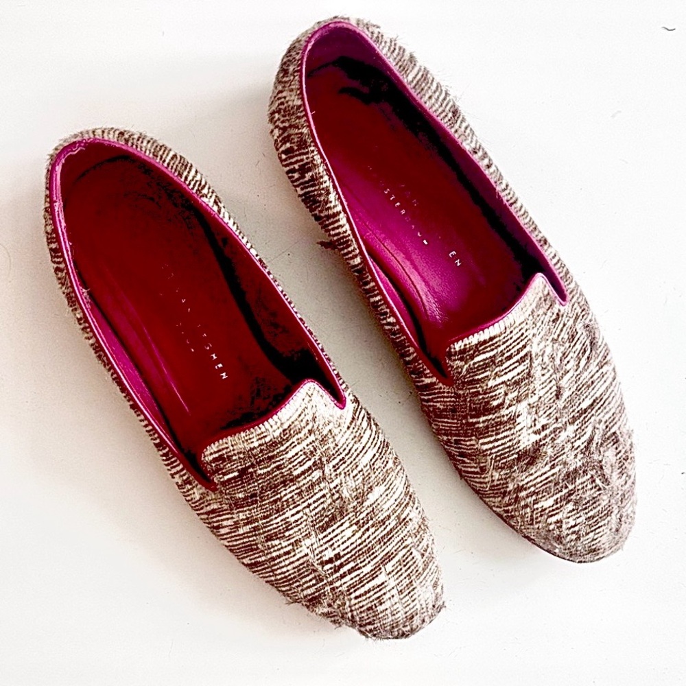 Elegant Textured Brown and Cream Mohair Loafers with Fuchsia Pink Trim